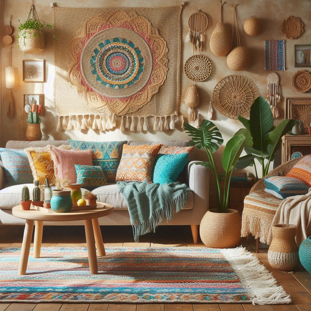 Sala de estar decorada al estilo Boho, con cojines de colores vibrantes, alfombra de yute, y plantas en macetas.
