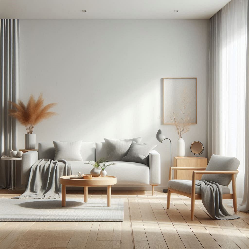 Paredes blancas combinadas con muebles de madera clara y textiles grises